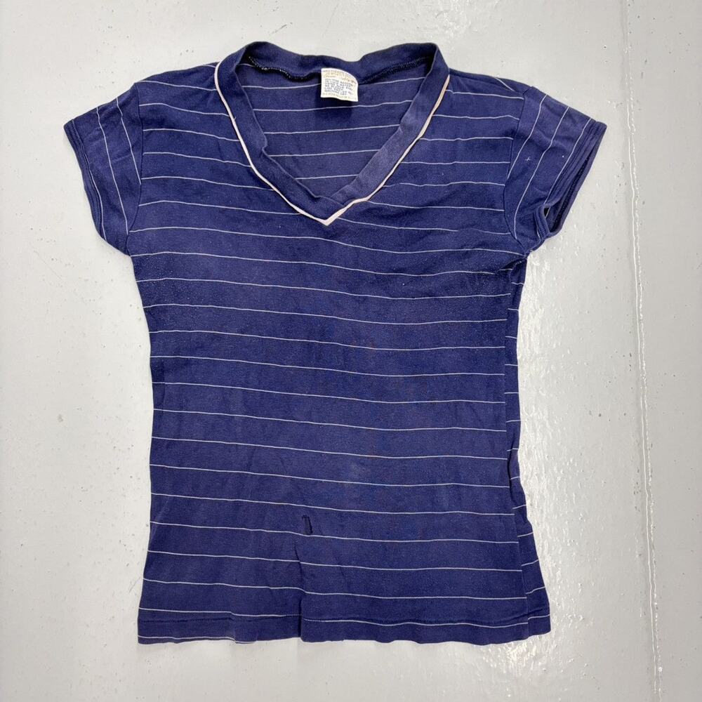 Vintage 60s Blue/White Striped Cotton V-Neck Baby Tee